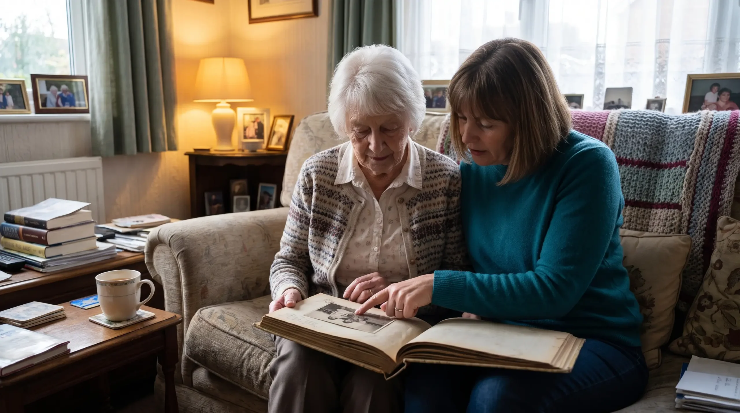 An older woman and her adult daughter sitting close together on a sofa looking through a photograph album