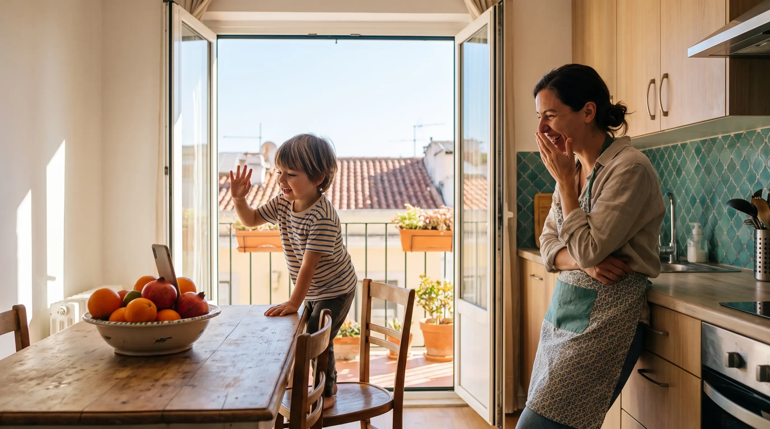 A young child in a sunlit kitchen abroad waving at a phone screen while a parent laughs beside them