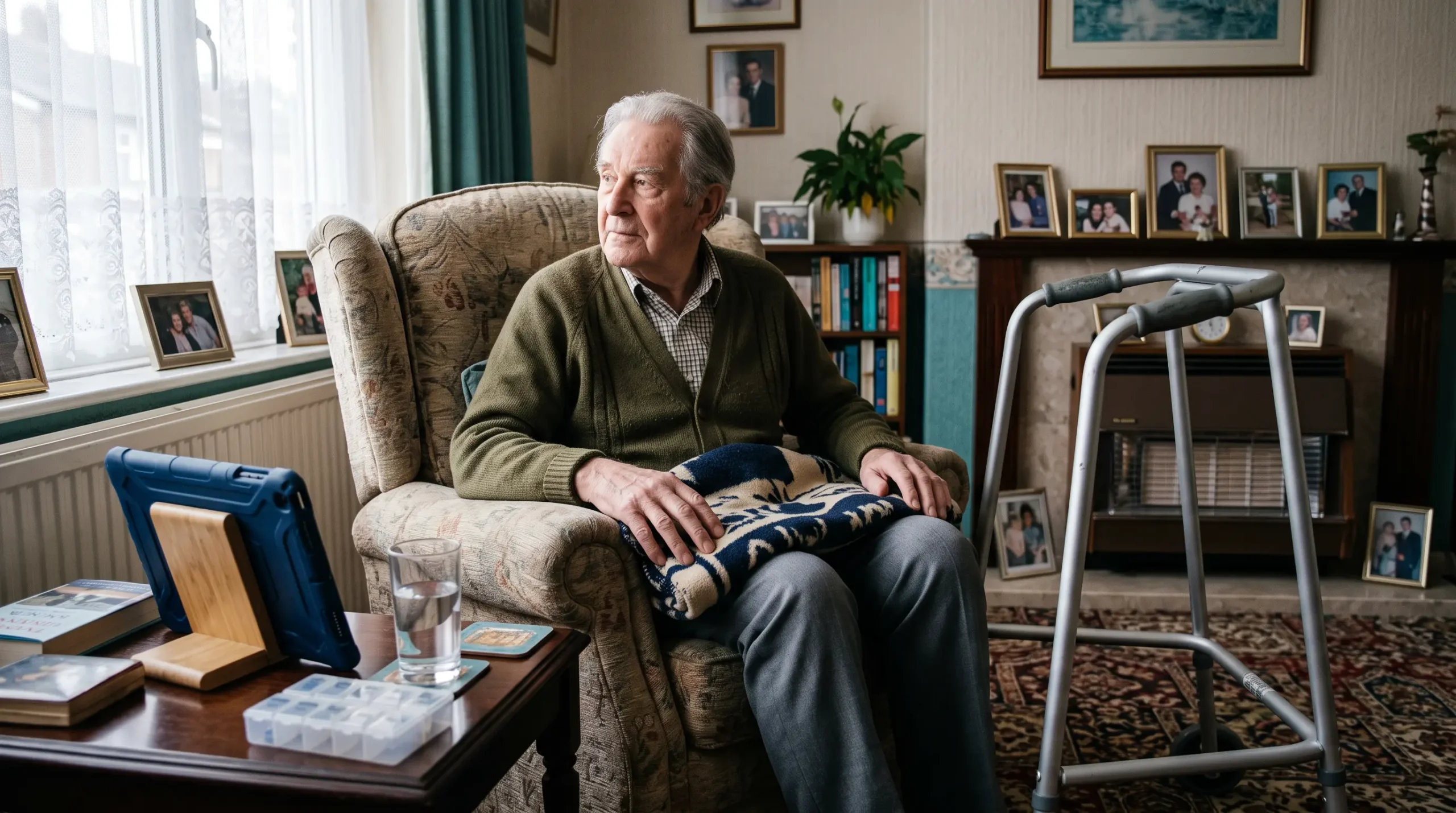 An older man recovering at home in an armchair with a blanket and walking frame, a BondNow screen on the side table