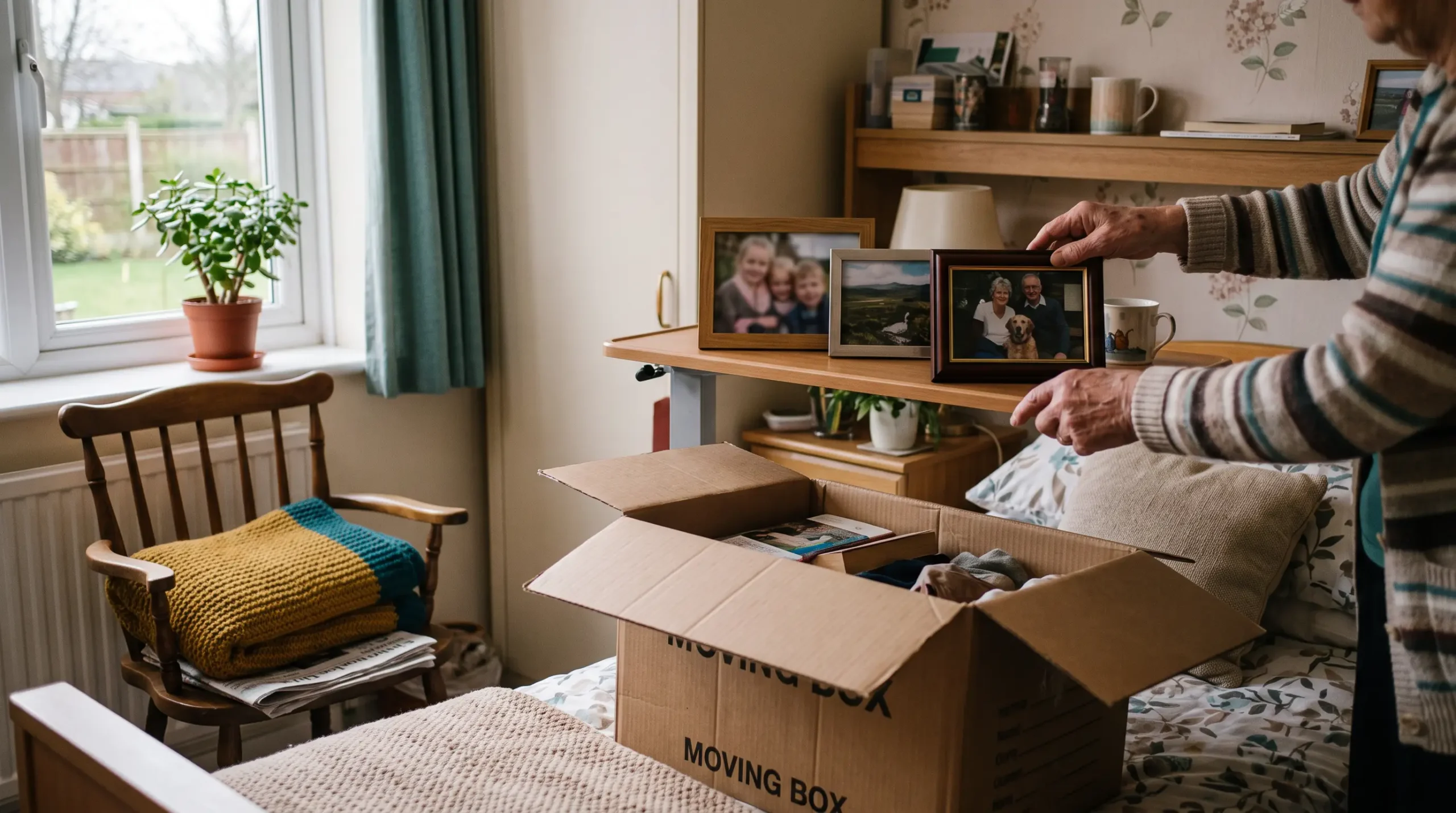 Hands placing a framed family photograph onto a shelf in a care home bedroom being made personal