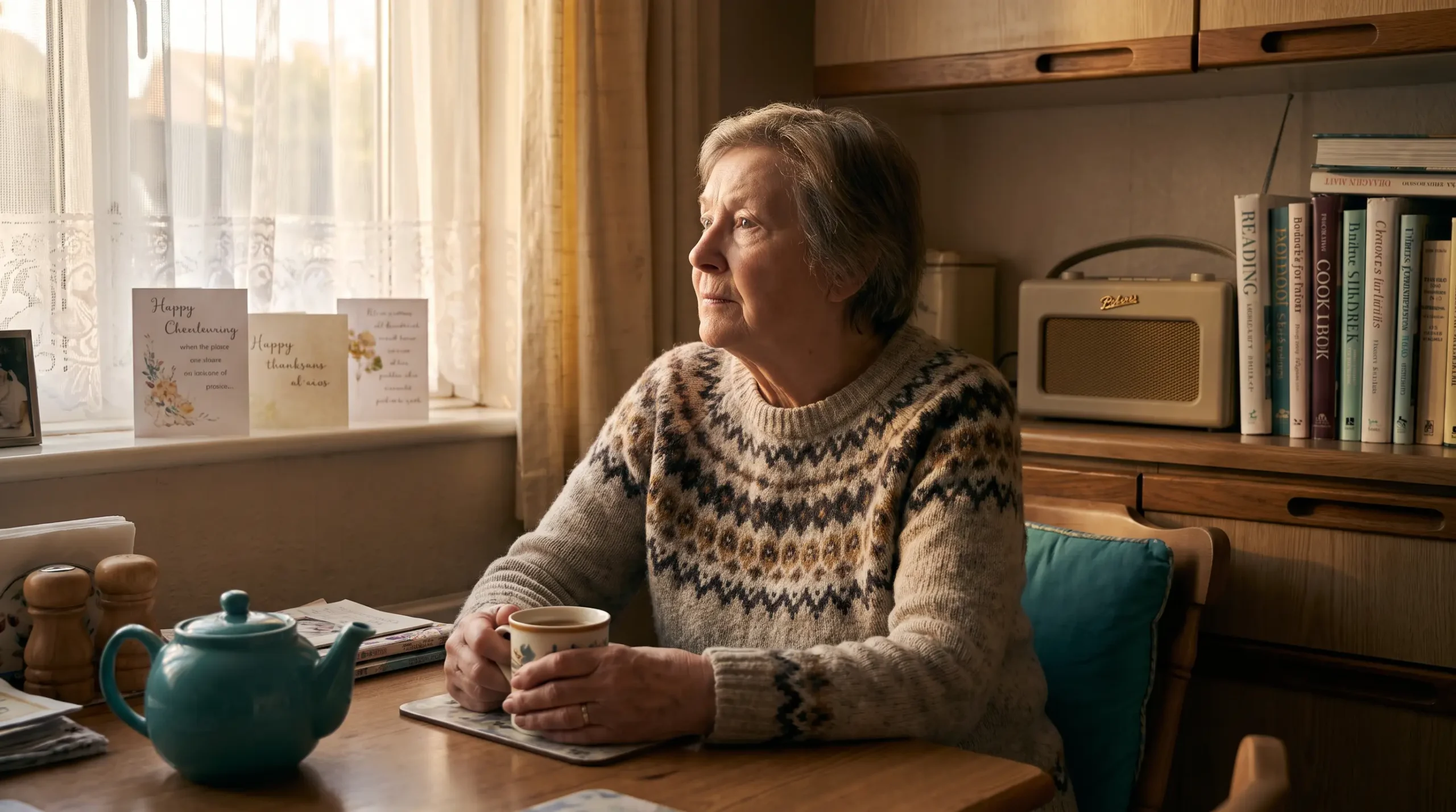 An older woman sitting alone at her kitchen table with a cup of tea in the afternoon light