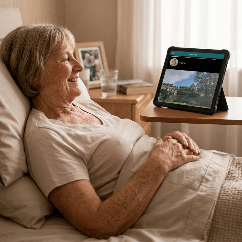 Care home resident smiling while looking at family photos on the BondNow device