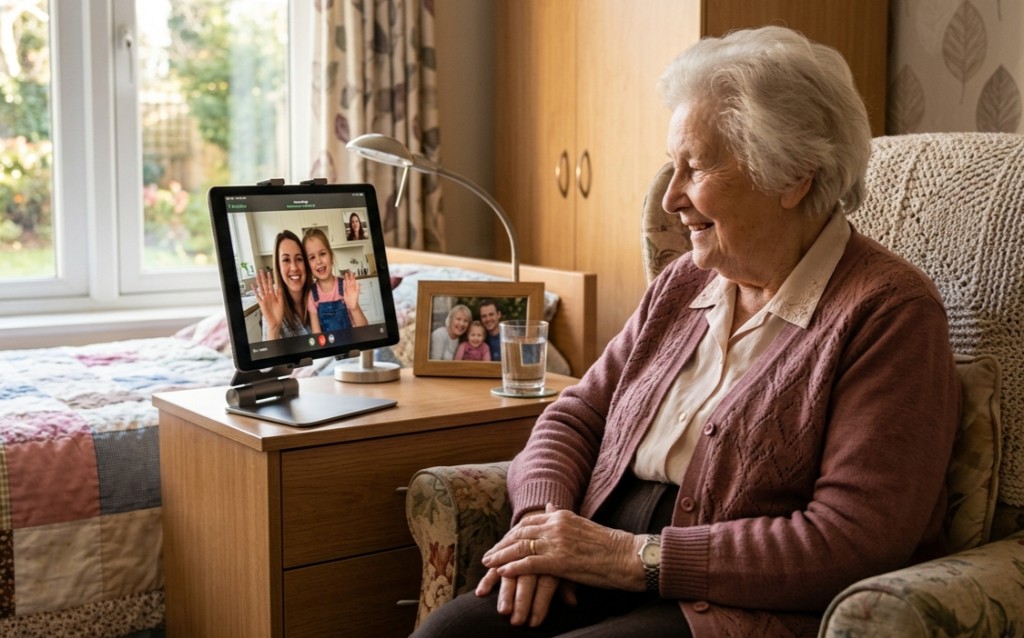 Care home resident on a family video call with the BondNow device