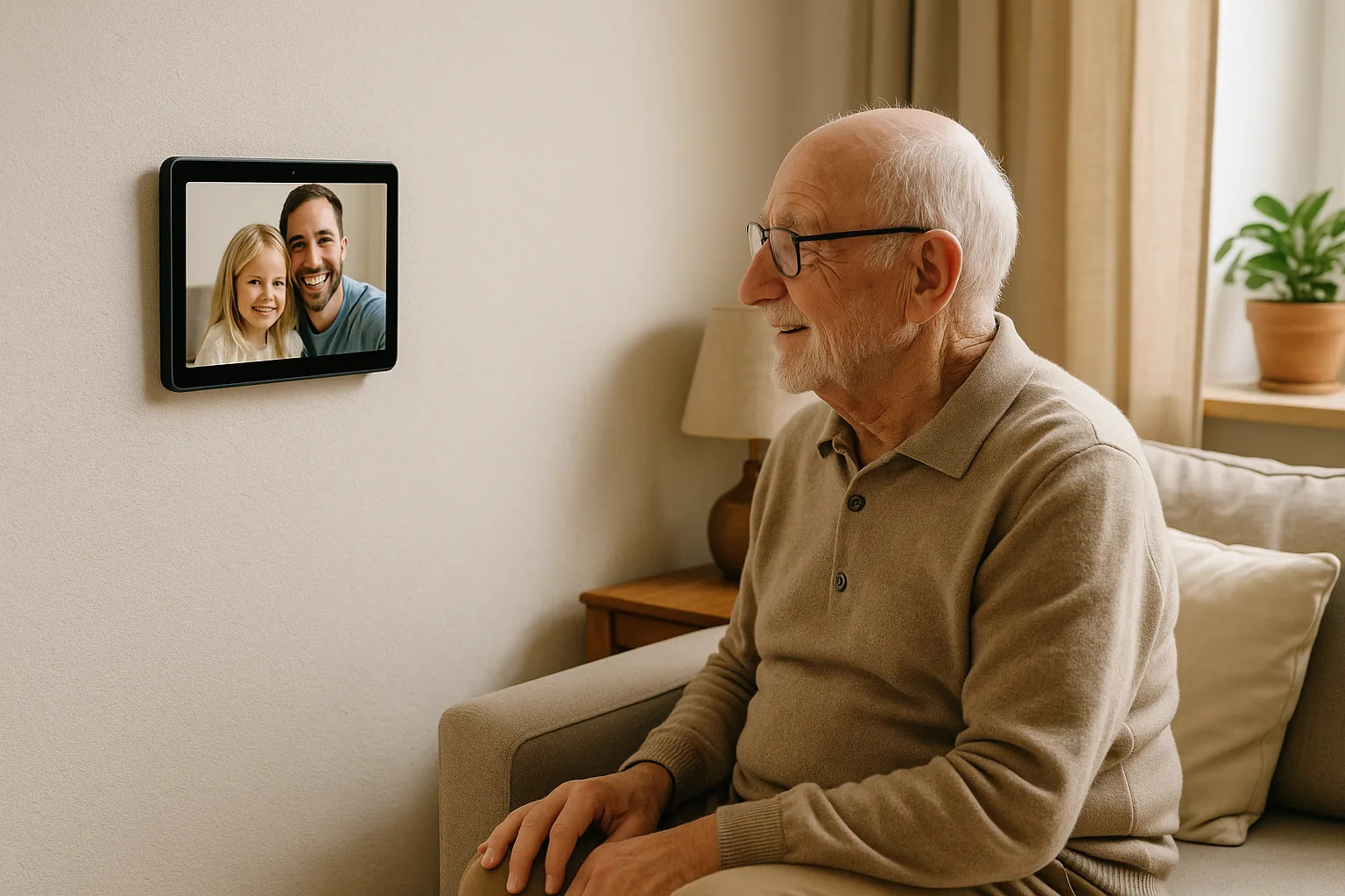 An older woman looking up as a family face appears on the BondNow screen in her sitting room