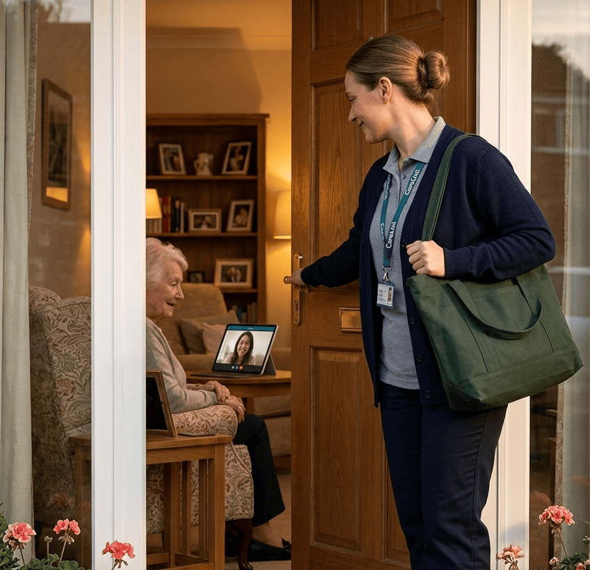 Care professional at the door; resident on a family video call with BondNow at home