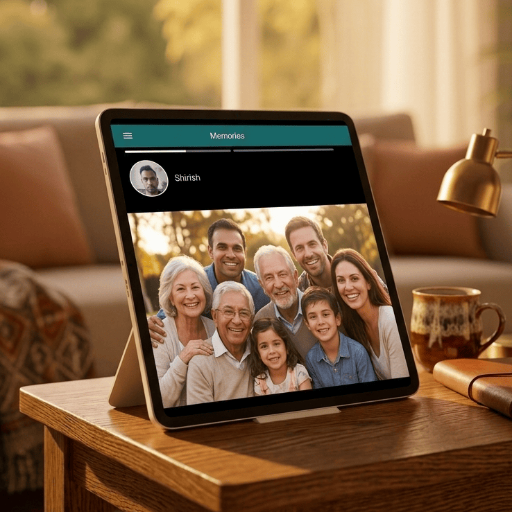 BondNow tablet on a table showing family memories in a warm home